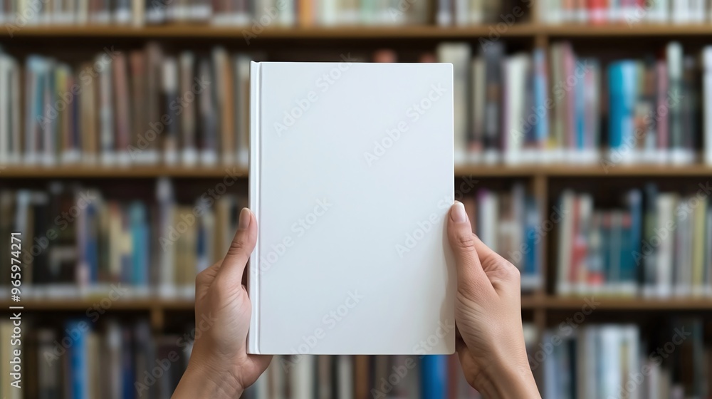 hands holding book with blank white cover in library ideal mockup for showcasing custom cover designs creative artwork and publication concepts hands holding book with blank white cover in library ideal mockup for showcasing custom cover designs creative artwork and publication concepts