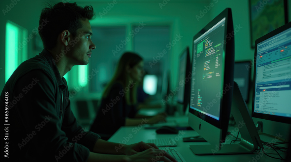 Focused Programmers Working on an AI Project: Modern Tech Office with Coding Team and Software Development Environment Focused Programmers Working on an AI Project: Modern Tech Office with Coding Team and Software Development Environment