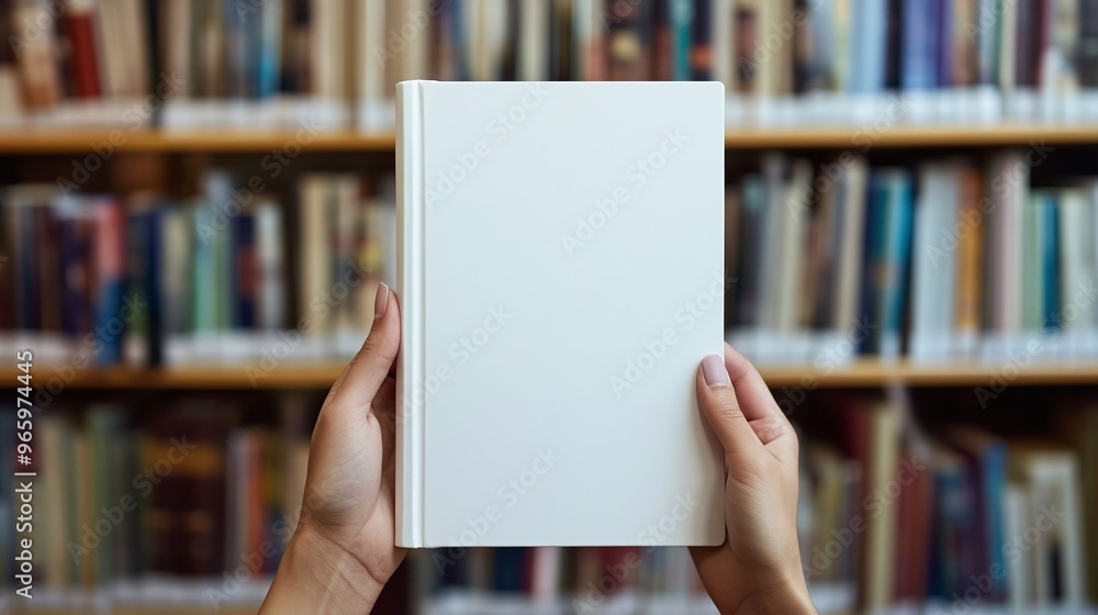 hands holding blank white book cover in library mockup design template for creating custom cover designs hands holding blank white book cover in library mockup design template for creating custom cover designs