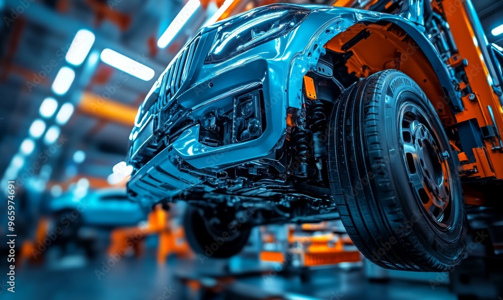 Fototapeta premium Abstract Automotive Production Line in Blue and Orange. Industrial Car Manufacturing Process Highlighting Modern Technology and Efficiency. Ideal for Automotive Marketing Campaigns and 4K Industrial W
