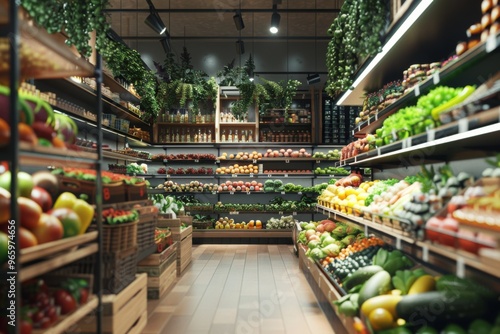 Vibrant grocery store aisle with an array of fresh produce and wholesome foods