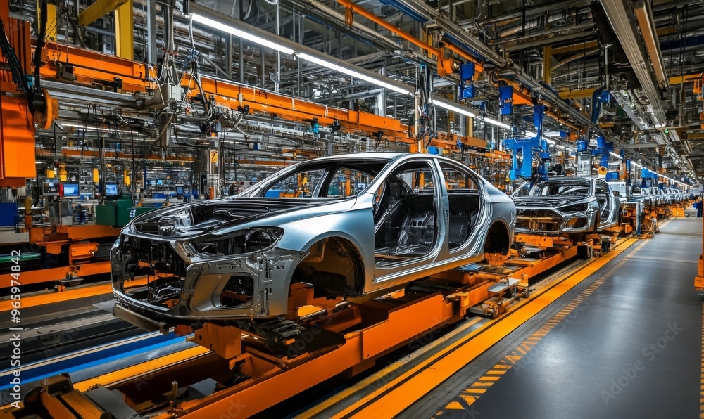 Abstract Automotive Production Line in Blue and Orange. Industrial Car Manufacturing Process Highlighting Modern Technology and Efficiency. Ideal for Automotive Marketing Campaigns and 4K Industrial W Abstract Automotive Production Line in Blue and Orange. Industrial Car Manufacturing Process Highlighting Modern Technology and Efficiency. Ideal for Automotive Marketing Campaigns and 4K Industrial W