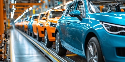 Abstract Automotive Production Line in Blue and Orange. Industrial Car Manufacturing Process Highlighting Modern Technology and Efficiency. Ideal for Automotive Marketing Campaigns and 4K Industrial W