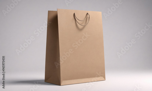 A brown paper shopping bag with rope handles sits on a white surface