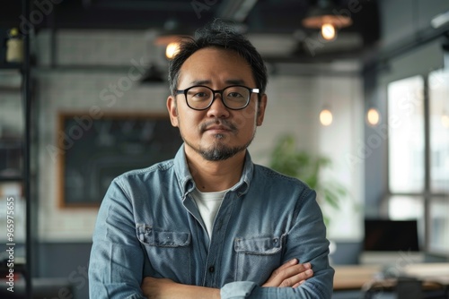 Portrait of a middle aged asian male worker in start up company office