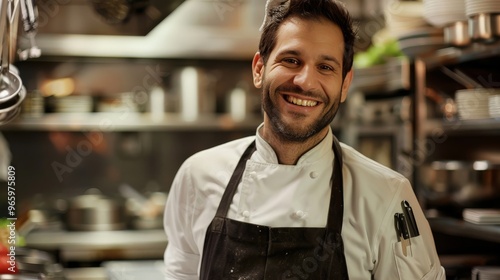 Professional chef smiling in a bustling kitchen environment