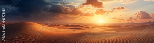 Golden Serenity: Hyperrealistic Panoramic Sunset in Detailed Desert Landscape Photography