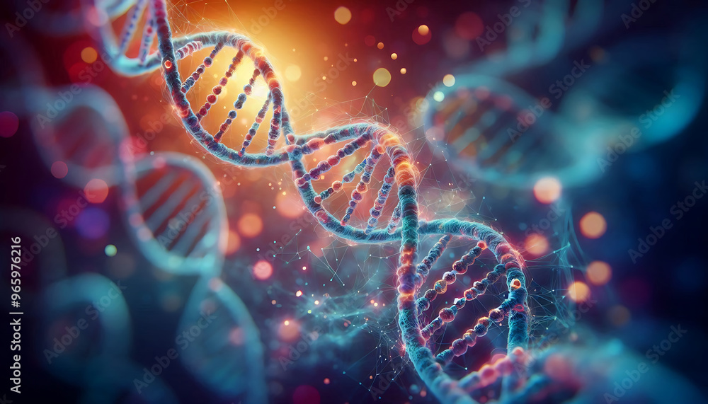 A DNA double helix structure against a blurred colorful background. The DNA strands are depicted with glowing vibrant colors showcasing the nucleotide bases and phosphate backbone A DNA double helix structure against a blurred colorful background. The DNA strands are depicted with glowing vibrant colors showcasing the nucleotide bases and phosphate backbone