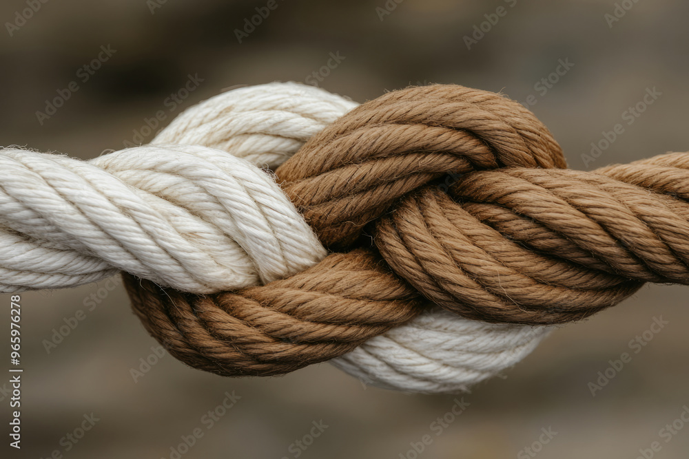 Two thick brown and white ropes knotted together Two thick brown and white ropes knotted together