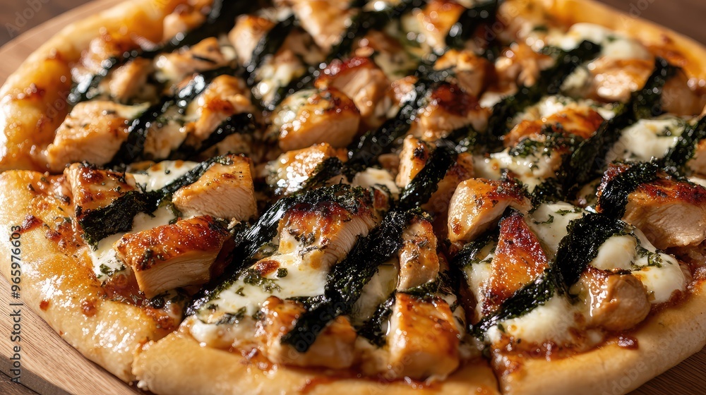 Pizza topped with teriyaki chicken, mozzarella, and seaweed strips, blending Italian and Japanese culinary traditions Pizza topped with teriyaki chicken, mozzarella, and seaweed strips, blending Italian and Japanese culinary traditions