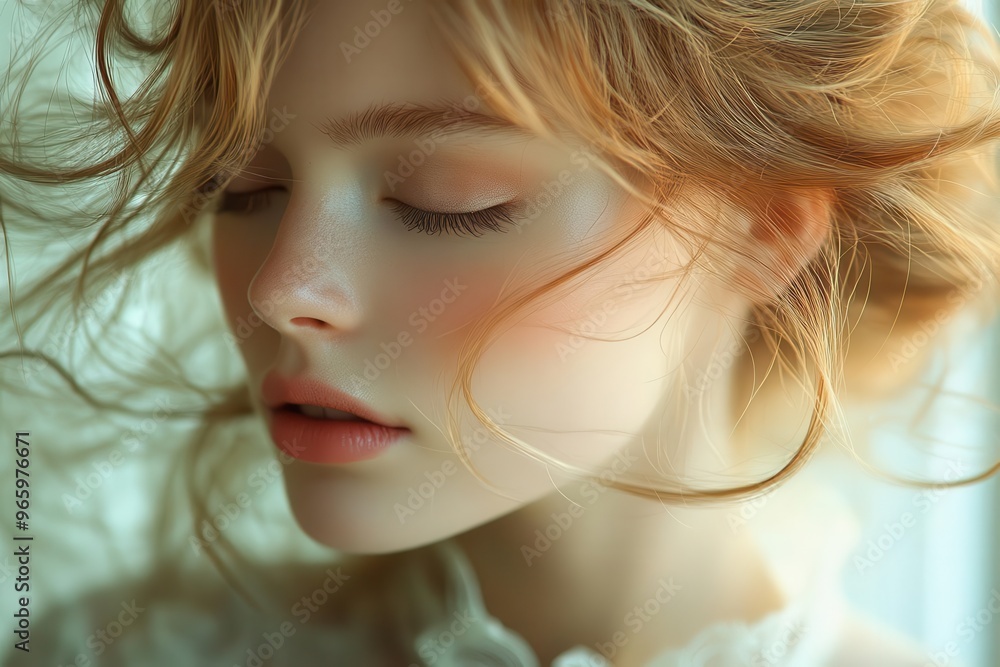 ethereal portrait of a woman with flowing gossamer hair caught in gentle breeze soft diffused lighting enhances her radiant skin serene expression evokes inner peace and natural beauty ethereal portrait of a woman with flowing gossamer hair caught in gentle breeze soft diffused lighting enhances her radiant skin serene expression evokes inner peace and natural beauty