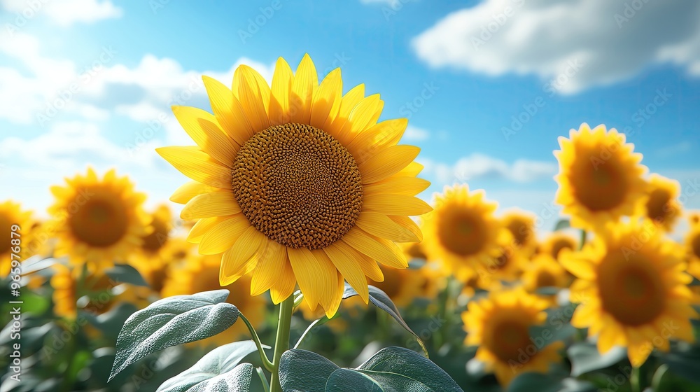 A vibrant sunflower stands tall against a blue sky, surrounded by a field of blooming sunflowers in full sunlight. A vibrant sunflower stands tall against a blue sky, surrounded by a field of blooming sunflowers in full sunlight.