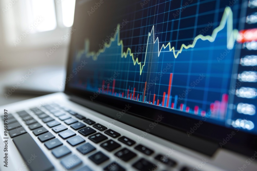 Close up of 3D graph growing upwards on laptop screen Close up of 3D graph growing upwards on laptop screen