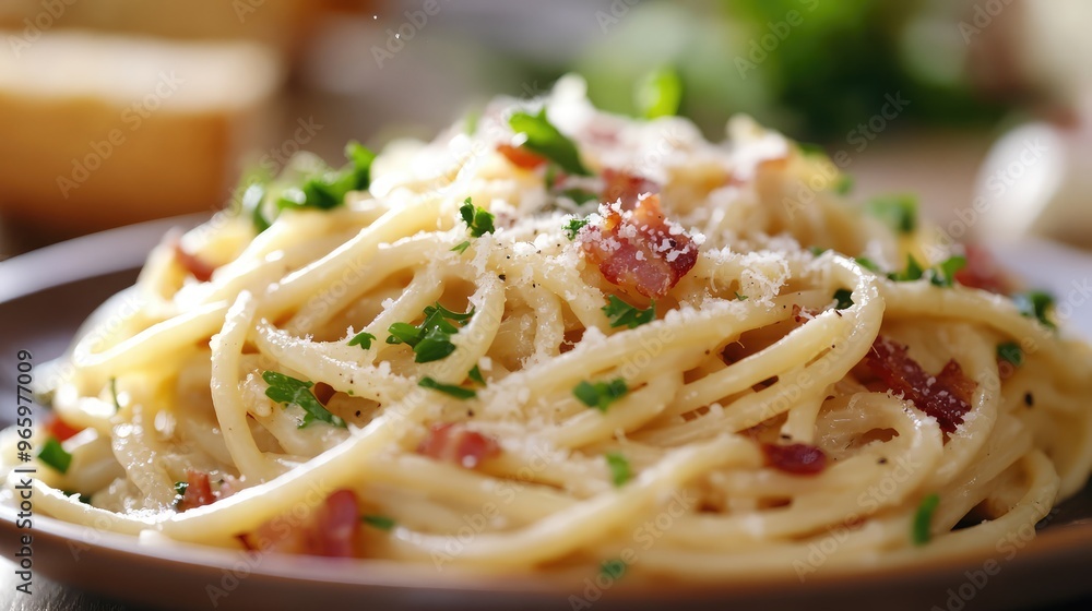 Steaming plate of spaghetti carbonara with crispy bacon and a sprinkle of Parmesan, rich creamy sauce, garnished with parsley, mouth-watering presentation Steaming plate of spaghetti carbonara with crispy bacon and a sprinkle of Parmesan, rich creamy sauce, garnished with parsley, mouth-watering presentation