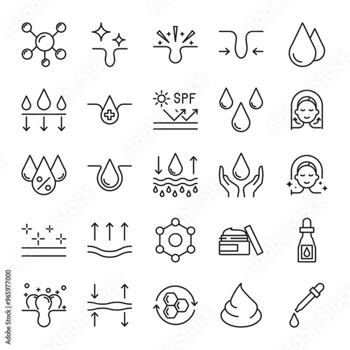 Skin care line icons set. Moisture cream, acid, anti wrinkle serum, ceramide, collagen, retinol compound, sunscreen vector illustration. Outline signs for skincare products property. Editable Stroke