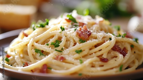 Steaming plate of spaghetti carbonara with crispy bacon and a sprinkle of Parmesan, rich creamy sauce, garnished with parsley, mouth-watering presentation