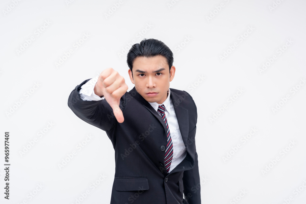 A young asian business executive looking very upset and displeased at the utter incompetence, giving a thumbs down sign. Isolated on a white background. A young asian business executive looking very upset and displeased at the utter incompetence, giving a thumbs down sign. Isolated on a white background.