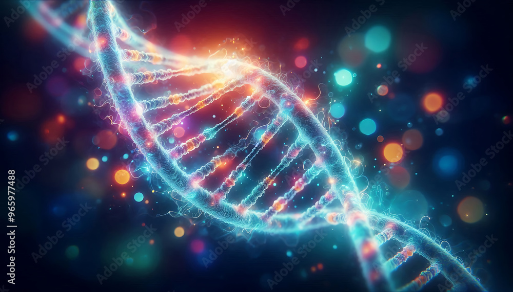 A DNA double helix structure against a blurred colorful background. The DNA strands are depicted with glowing vibrant colors showcasing the nucleotide bases and phosphate backbone A DNA double helix structure against a blurred colorful background. The DNA strands are depicted with glowing vibrant colors showcasing the nucleotide bases and phosphate backbone