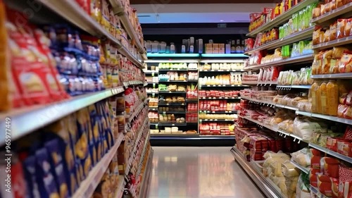 Grocery Store Aisle with Shelves Stocked with Food and Products