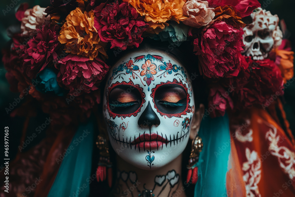 Woman with Day of the Dead face paint and floral headdress Woman with Day of the Dead face paint and floral headdress