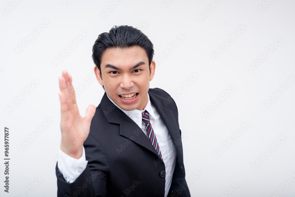 An abusive young asian businessman threatens to slap or karate chop someone with his hand. Isolated on a white background. An abusive young asian businessman threatens to slap or karate chop someone with his hand. Isolated on a white background.