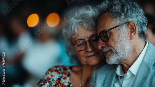 An elderly couple sitting closely together and smiling fondly, surrounded by soft, blurred lights, creating a feeling of warmth, love, and timeless connection at an indoor gathering.