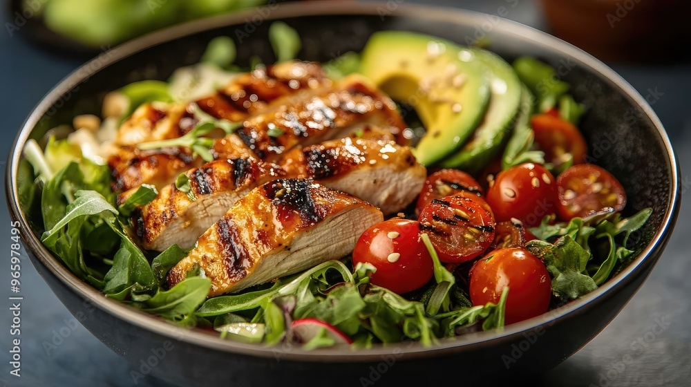Vibrant salad bowl with fresh greens, avocado slices, cherry tomatoes, grilled chicken, and a drizzle of tangy dressing Vibrant salad bowl with fresh greens, avocado slices, cherry tomatoes, grilled chicken, and a drizzle of tangy dressing