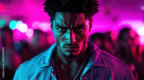 A man wearing a denim jacket is captured in an energetic nightlife scene, with pink neon lights and a lively crowd in the background, creating a modern urban atmosphere.