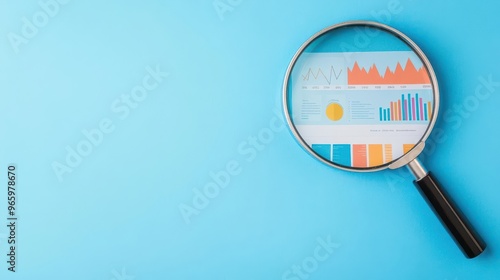 A magnifying glass zooming in on a startup pitch deck with graphs and charts photo