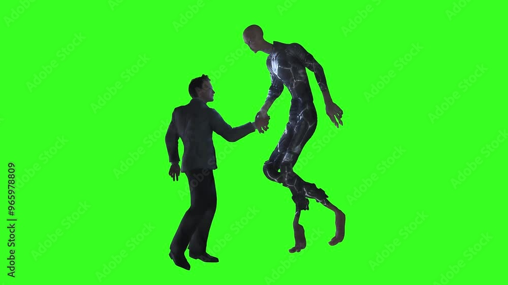 A man from the government shakes hands greeting an alien 3d render on green background A man from the government shakes hands greeting an alien 3d render on green background