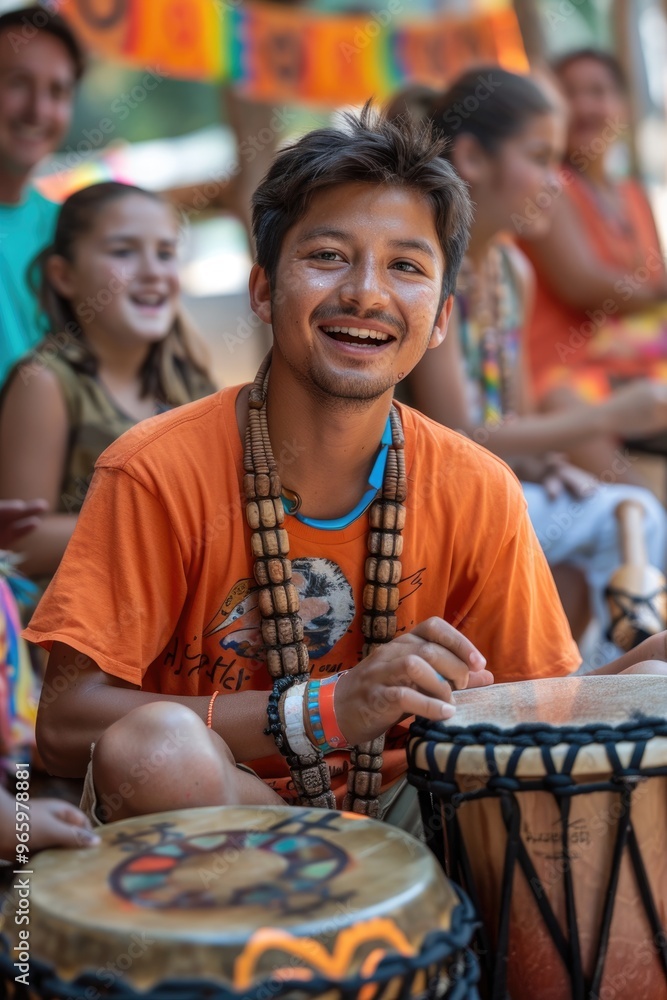 Boy Playing Drums at Music Festival with Friends and Colorful Background Boy Playing Drums at Music Festival with Friends and Colorful Background