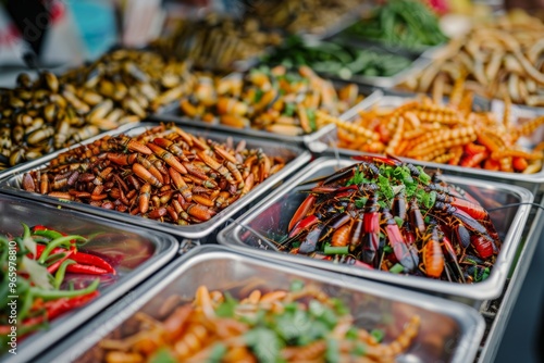 Edible insects in trays at vibrant food market bug based delicacies