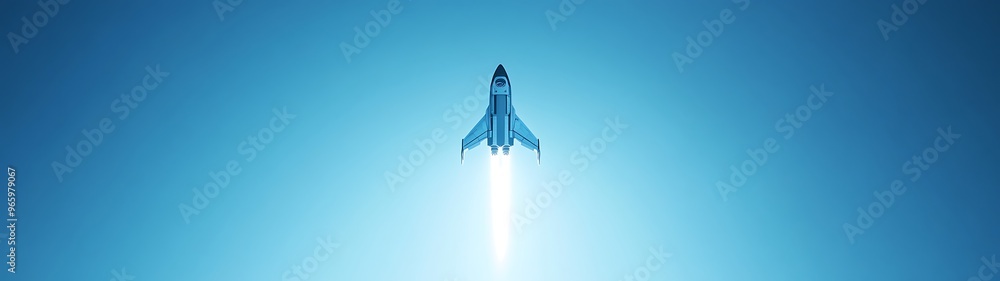 Futuristic Spaceship Soaring in Clear Blue Skies - Minimalistic High-Resolution Shot from Below Futuristic Spaceship Soaring in Clear Blue Skies - Minimalistic High-Resolution Shot from Below