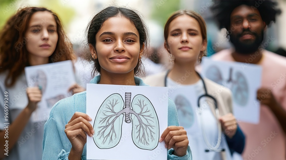 Group of diverse individuals holding lung health awareness signs in a public campaign. Group of diverse individuals holding lung health awareness signs in a public campaign.