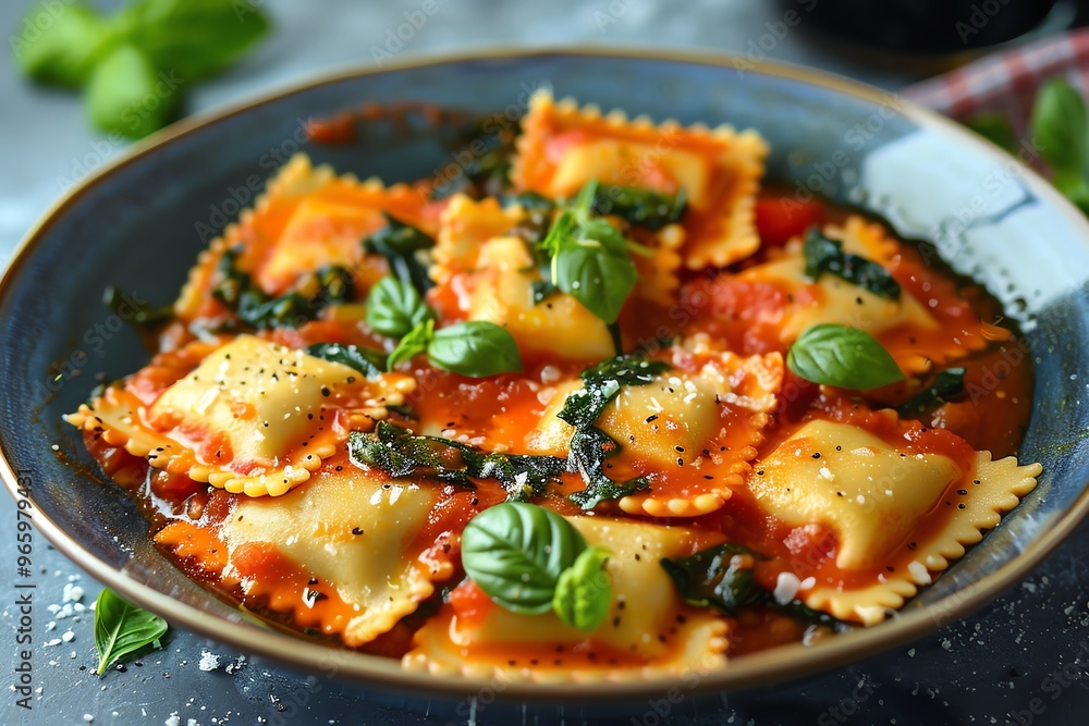 Tofu and spinach ravioli with tomato sauce, promoting a healthy vegan lifestyle Tofu and spinach ravioli with tomato sauce, promoting a healthy vegan lifestyle