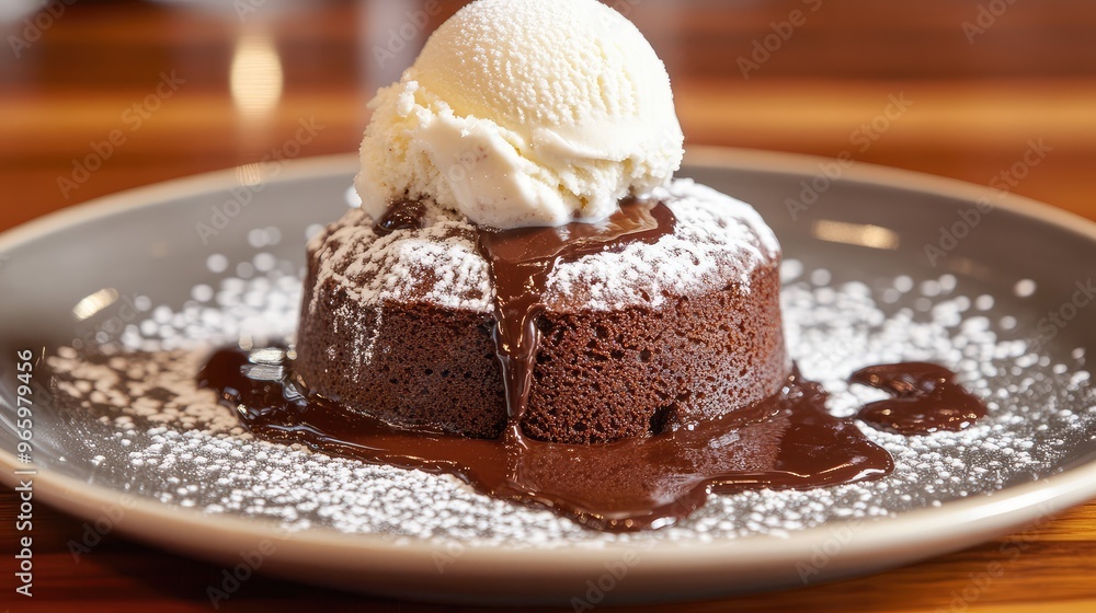 Warm, gooey chocolate lava cake with a scoop of vanilla ice cream on top, oozing chocolate, dusted with powdered sugar Warm, gooey chocolate lava cake with a scoop of vanilla ice cream on top, oozing chocolate, dusted with powdered sugar