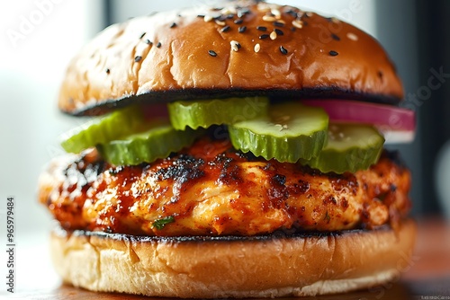 Close-up of a mouthwatering grilled chicken sandwich, featuring a juicy patty, crisp pickles, and a toasted bun. photo