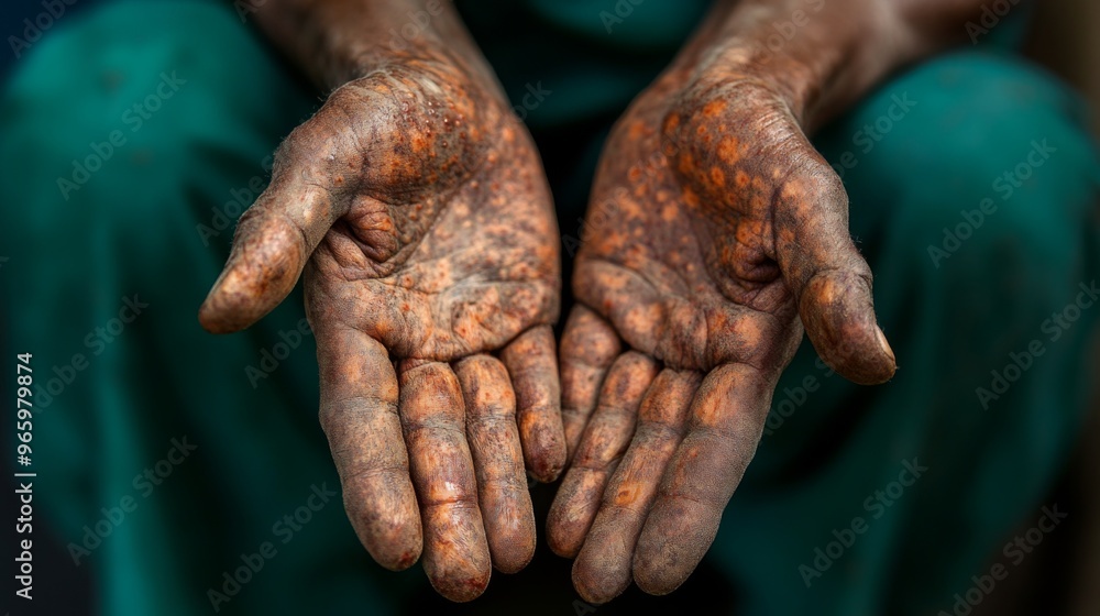 Fototapeta premium Monkeypox new disease dangerous over the world. Patient with Monkey Pox. Painful rash, red spots blisters on the hand. Close up