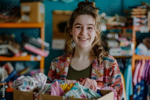 Cheerful young woman holding a box of donated items in a thrift store