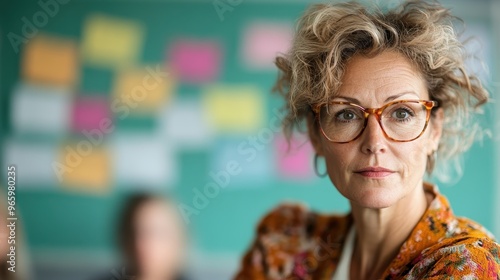 A thoughtful woman with curly hair and glasses stands in front of a classroom board covered with colorful notes, emanating a reflective and studious vibe.