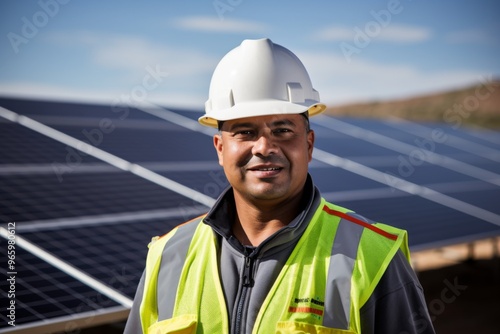 Portrait of a middle aged male engineer standing next to solar panels