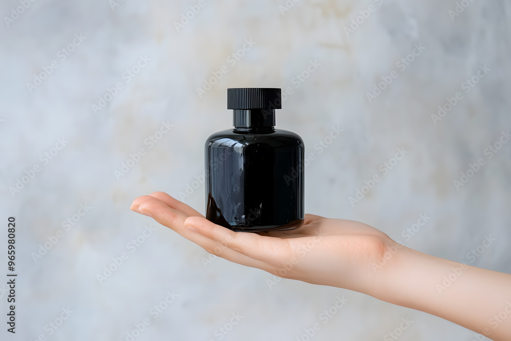 A hand holding black bottle of perfume, Mock up perfume bottle isolated on white background A hand holding black bottle of perfume, Mock up perfume bottle isolated on white background