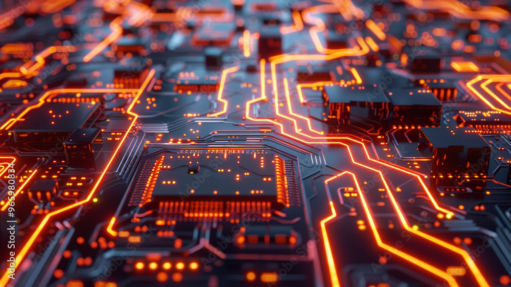 A high tech digital circuit board with glowing neon lines representing futuristic and advanced technology concept. intricate design showcases complexity and sophistication of modern electronics