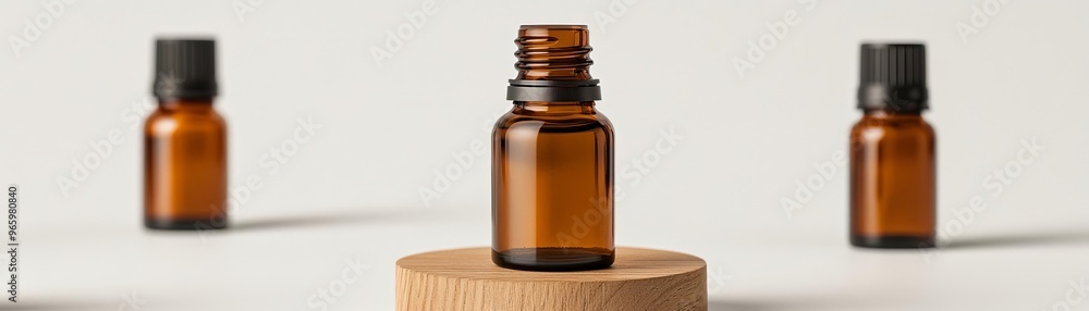 Wooden Base and essential oils, amber bottles, minimal labels, gentle reflections, calm and serene arrangement Wooden Base and essential oils, amber bottles, minimal labels, gentle reflections, calm and serene arrangement