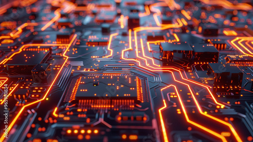 A high tech digital circuit board with glowing neon lines representing futuristic and advanced technology concept. intricate design showcases complexity and sophistication of modern electronics