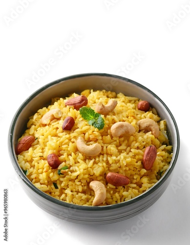 Indian Yellow Rice with Cashews and Almonds in a Bowl