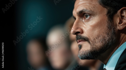 A focused businessman with a contemplative expression, dressed in professional attire, is looking ahead seriously, representing determination and ambition in a corporate setting. photo