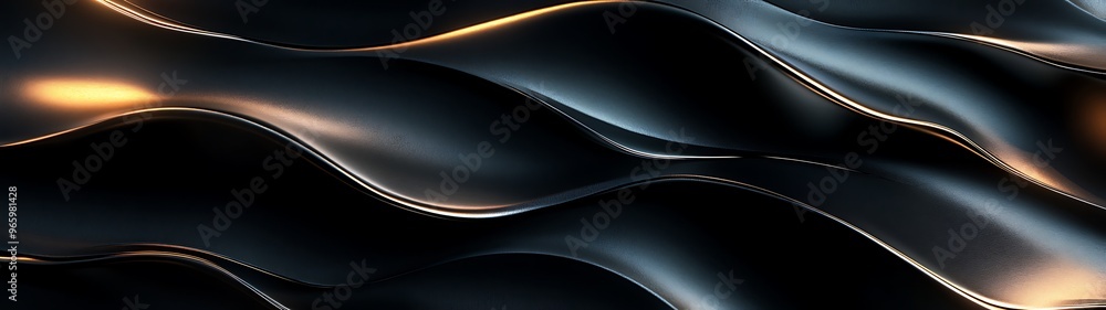 Fototapeta premium Sleek Matte Black Abstract Background with Metallic Bronze Accents and Soft Waves, 3D Render