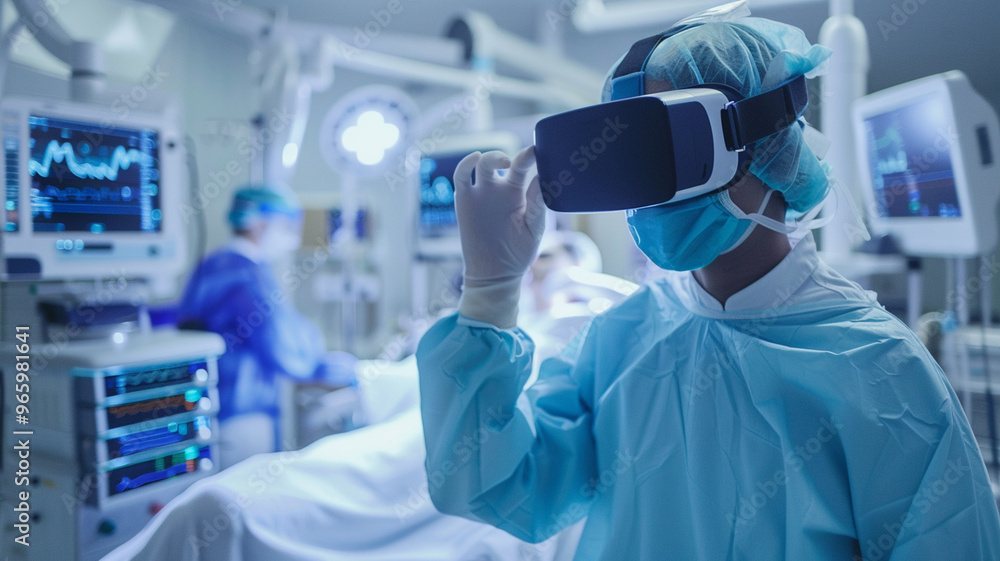 A doctor using VR headset for virtual surgery simulation in sterile operating room. scene includes medical equipment and monitors, highlighting advanced medical technology A doctor using VR headset for virtual surgery simulation in sterile operating room. scene includes medical equipment and monitors, highlighting advanced medical technology