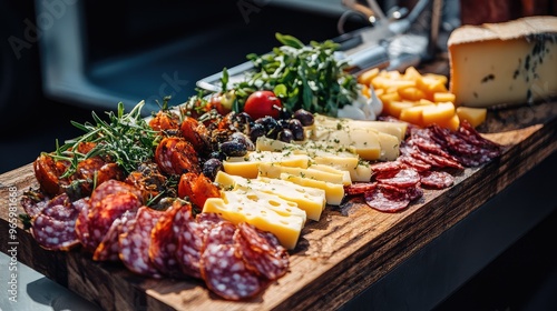 A gourmet street food platter with artisanal cheese and charcuterie, displayed on a rustic wooden board with a food truck ambiance